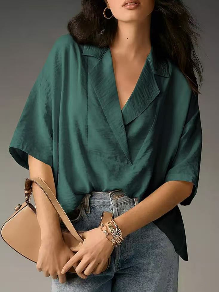 # Summer Collared Solid Color Casual Short-Sleeve Shirt