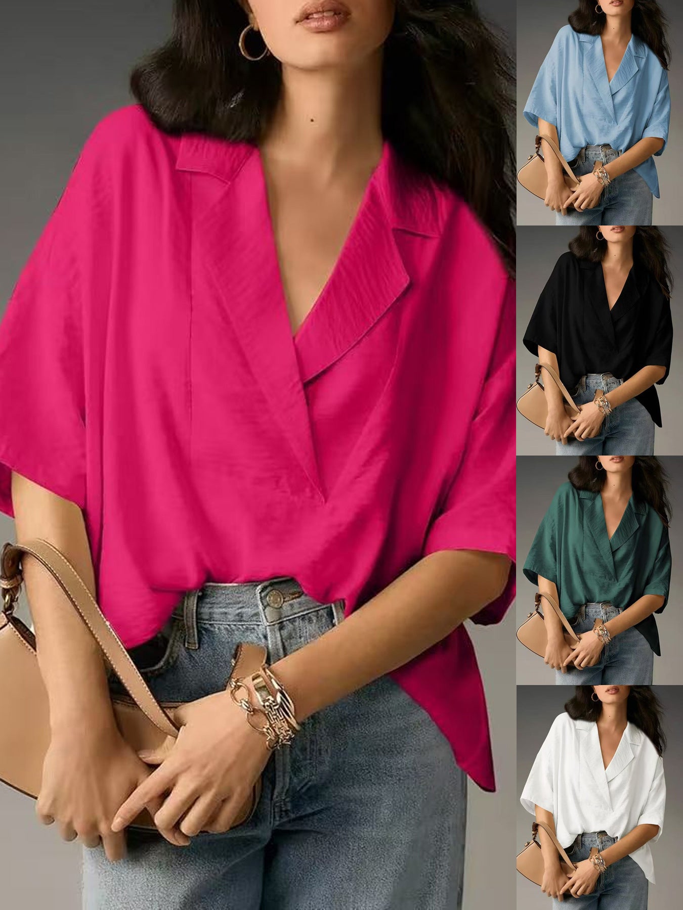 # Summer Collared Solid Color Casual Short-Sleeve Shirt