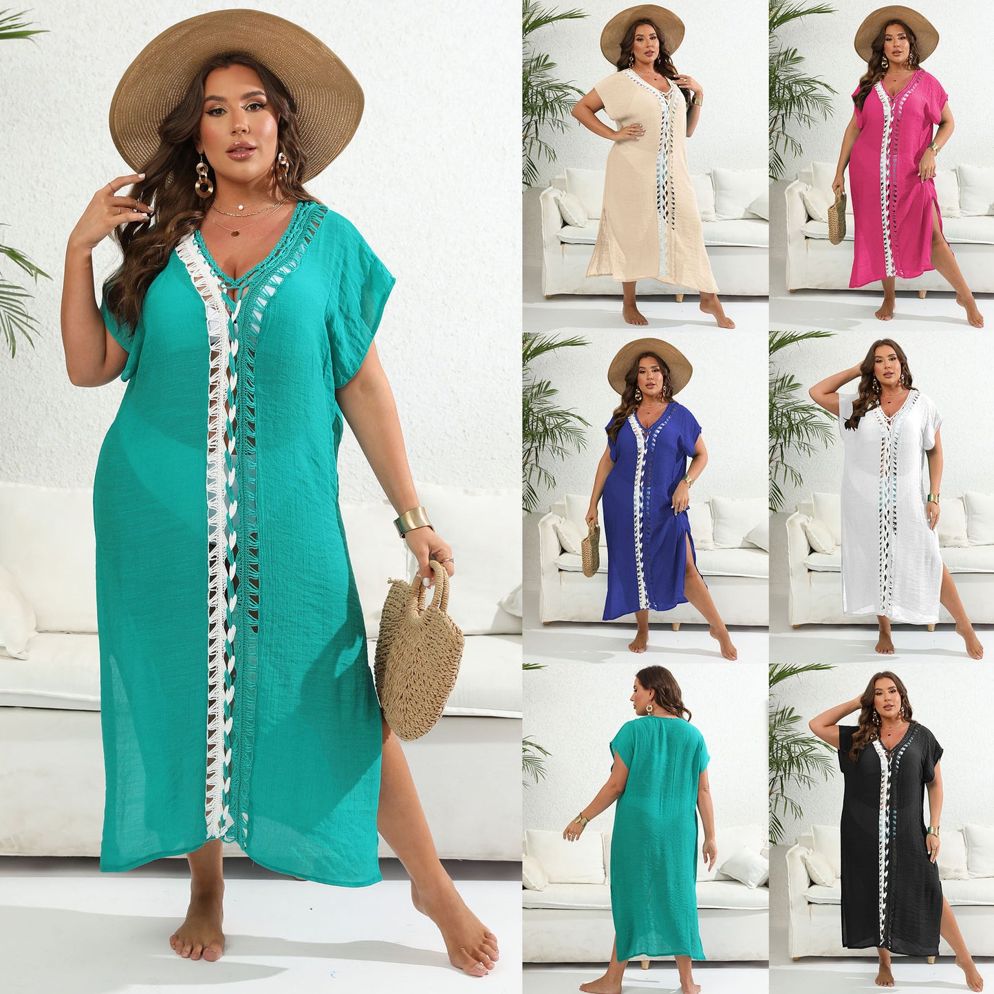 # Deep V-neck, Slit, Color-blocked Beach Maxi Dress