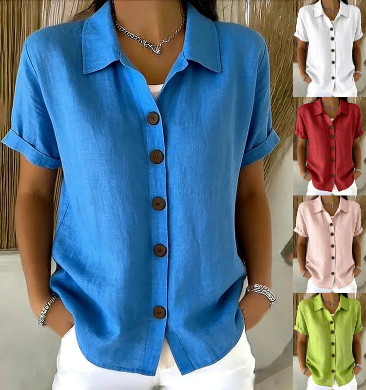 # Button-Up Cotton Linen Women's Casual Short-Sleeve Shirt