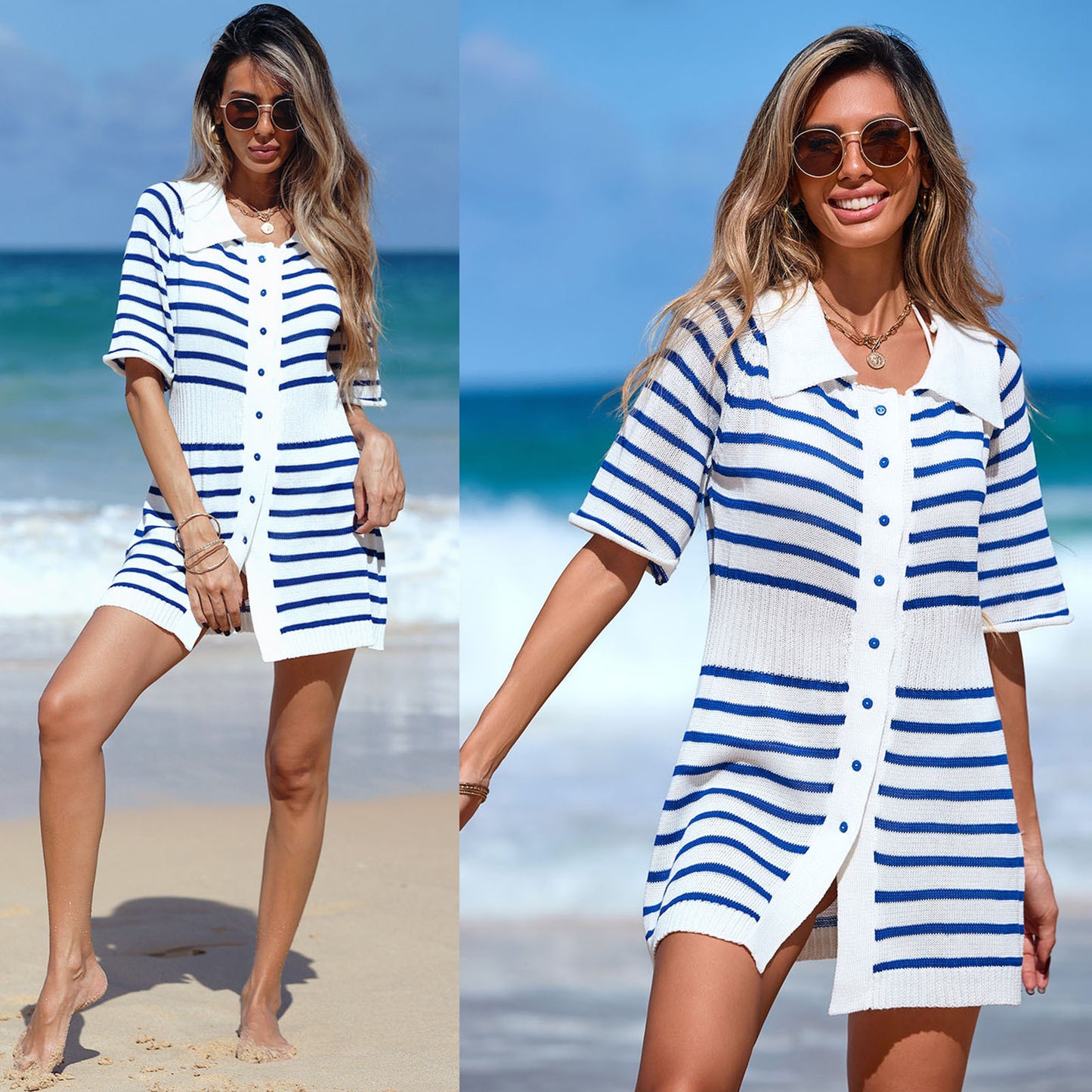 # Blue and White Striped Knit Beach Dress