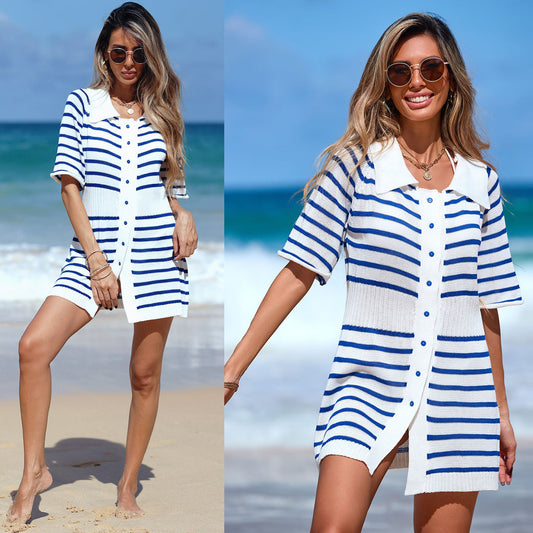 # Blue and White Striped Knit Beach Dress