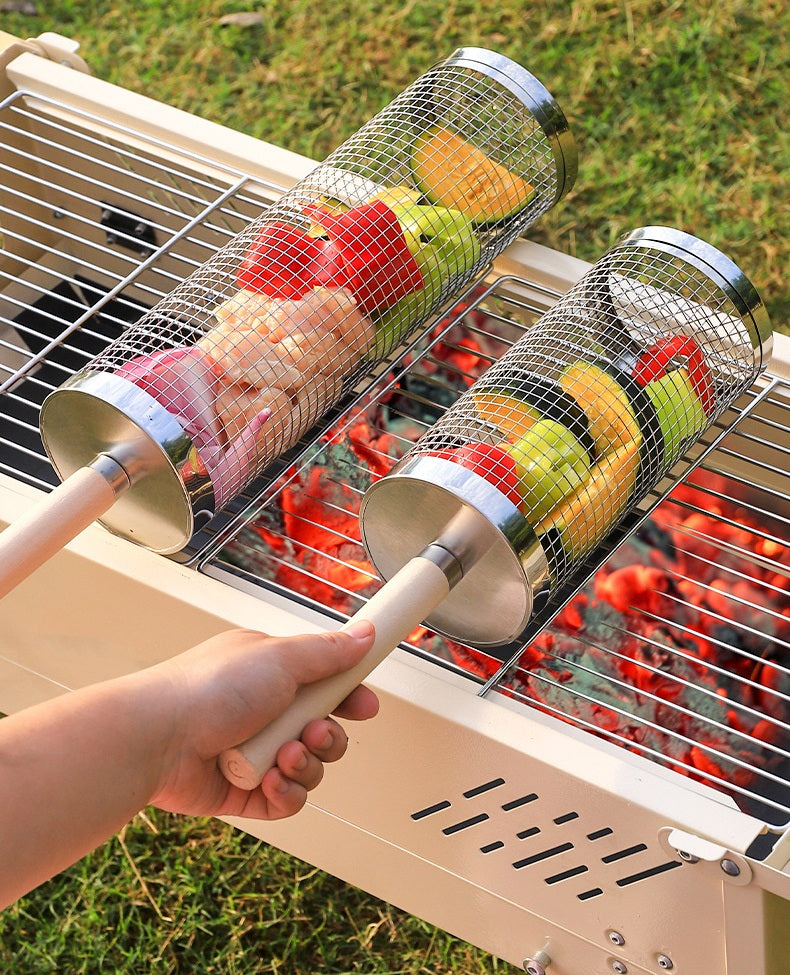 Wooden Handle Round Rolling BBQ Cage