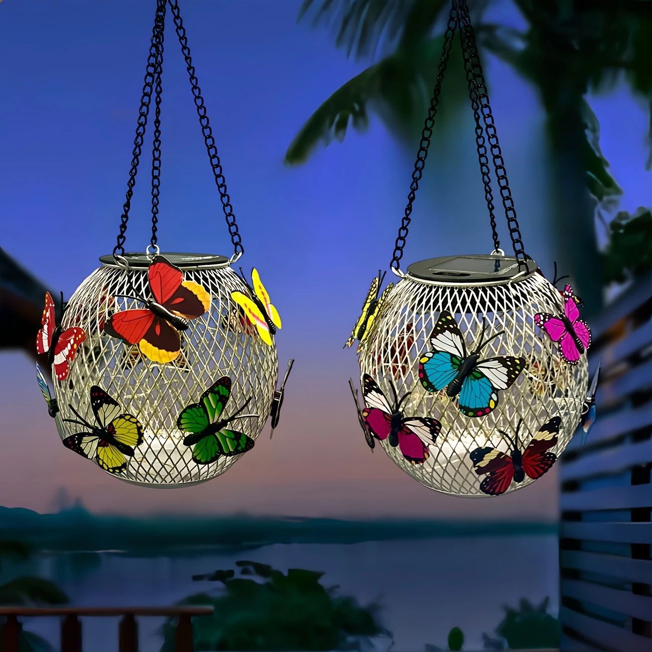 Retro Iron Solar-Powered Hollowed-Out Courtyard Chandelier