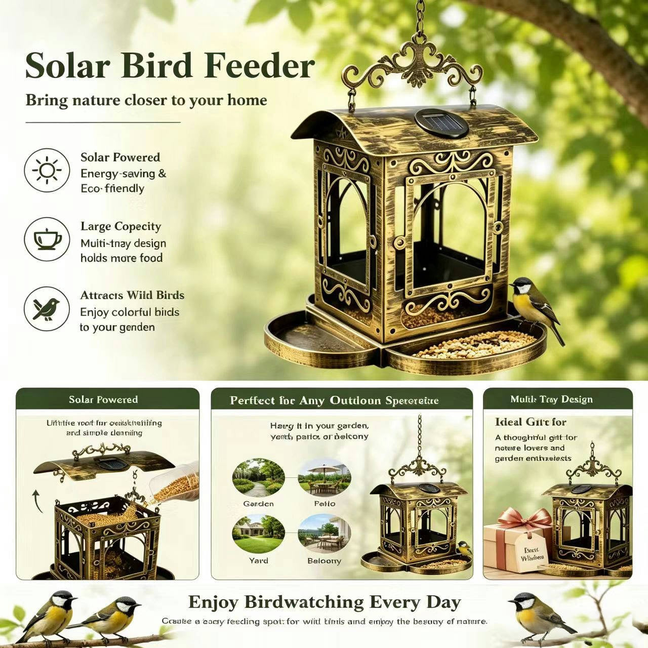 # Retro Iron Solar-Powered Hanging Bird Feeder