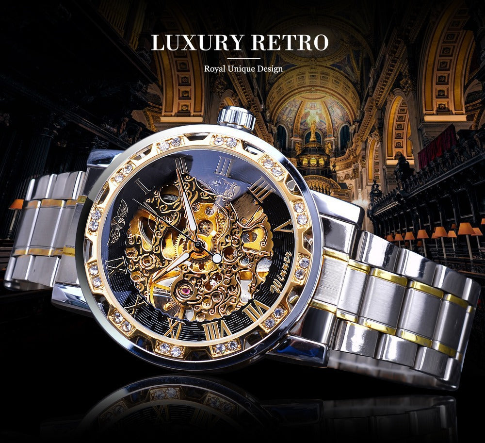 Stylish Casual Skeletonized Rhinestone Men's Mechanical Watch
