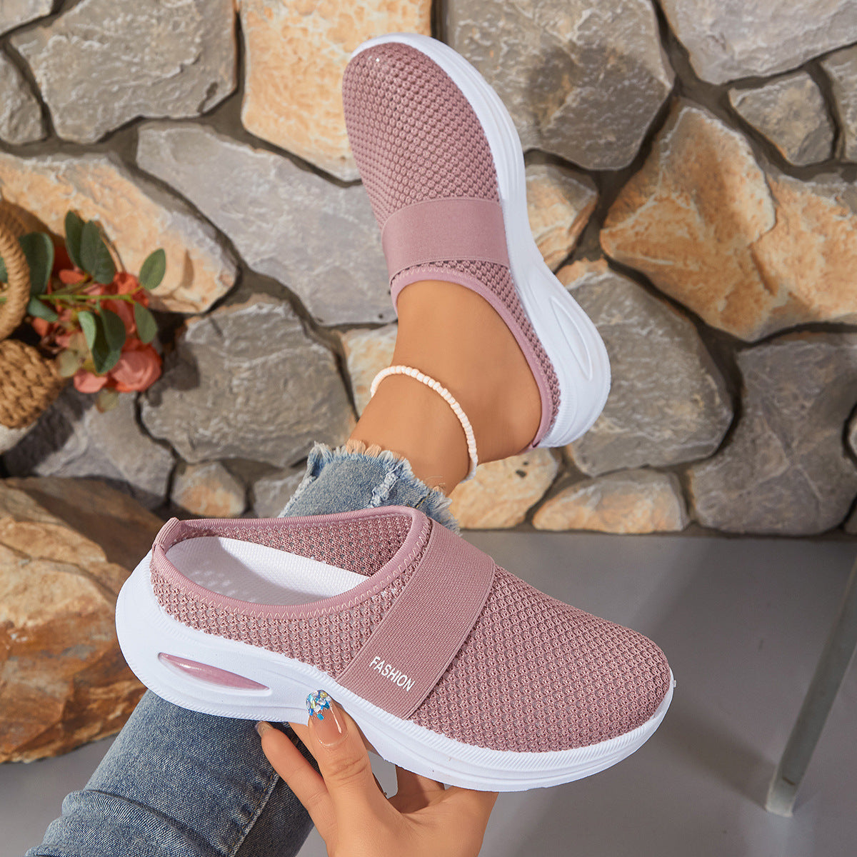 Breathable Mesh Flyknit Women's Shoes, Flat Heel Slip-on Muffins