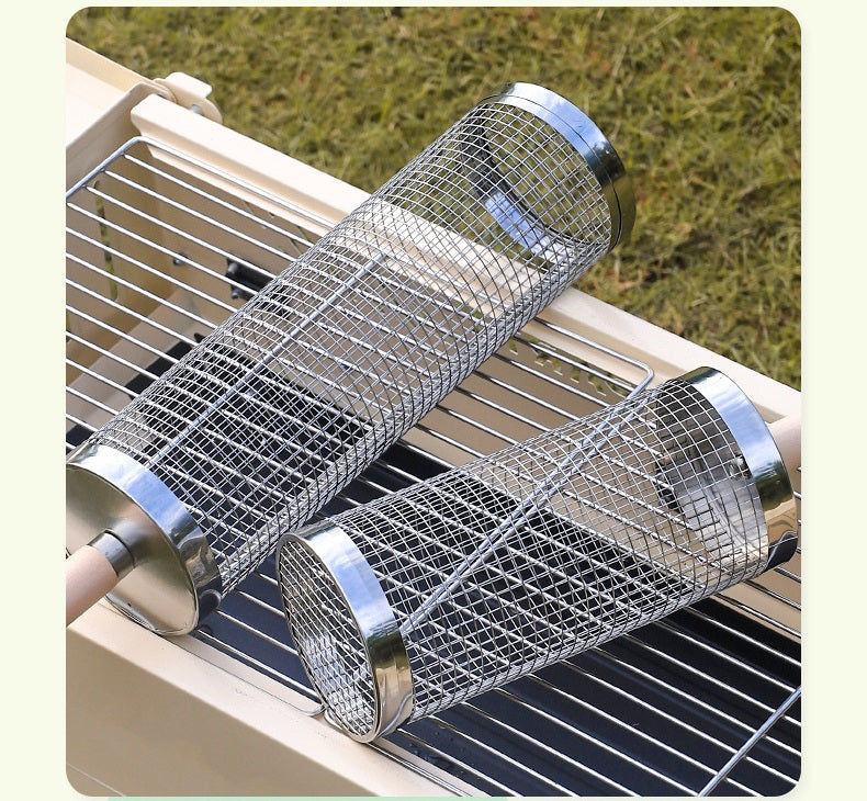 Wooden Handle Round Rolling BBQ Cage
