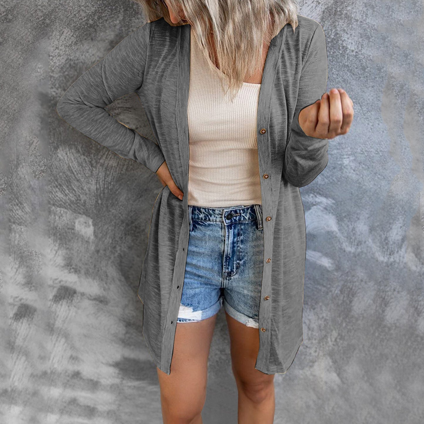 # Women's Solid Color Long-Sleeved Cardigan/Outerwear