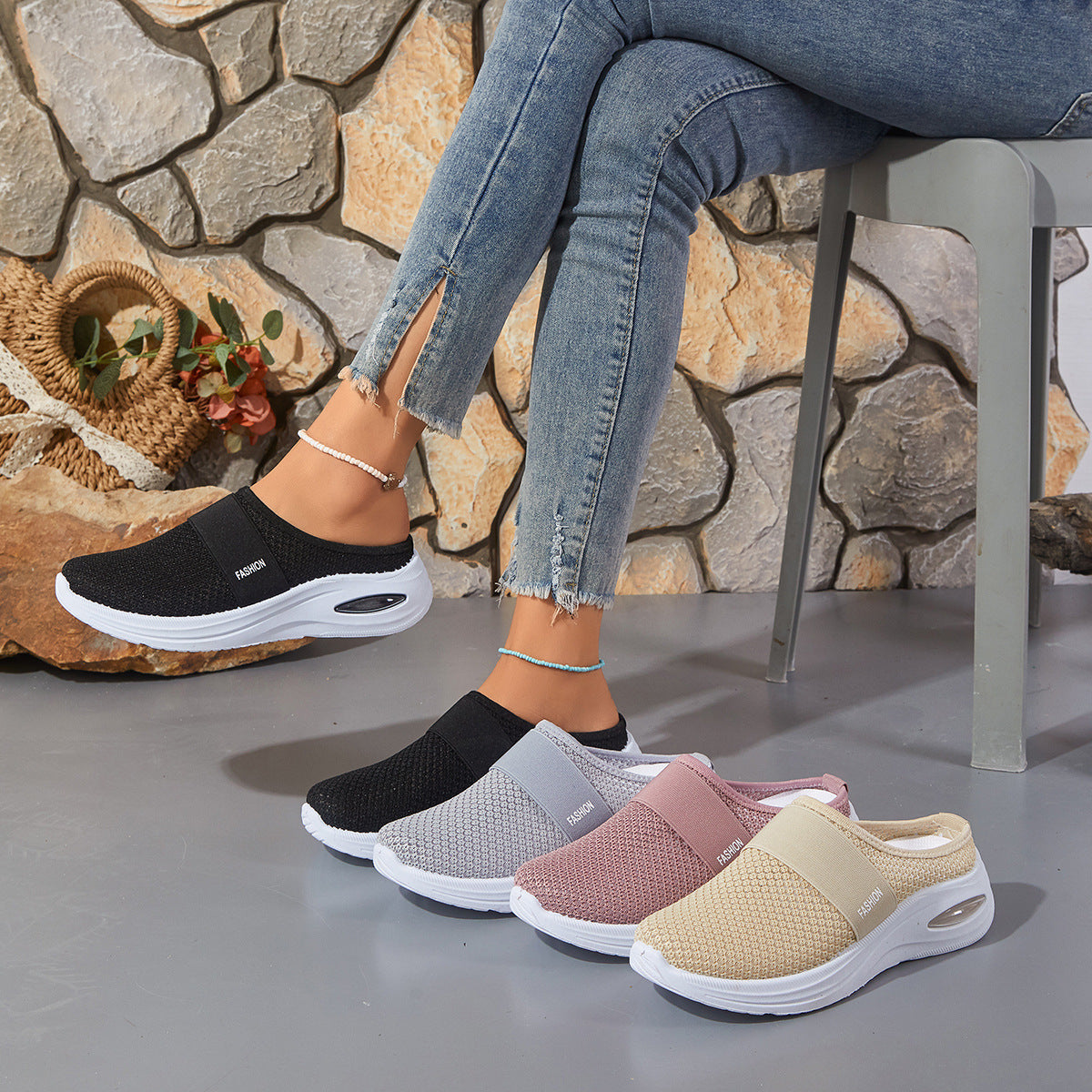 Breathable Mesh Flyknit Women's Shoes, Flat Heel Slip-on Muffins