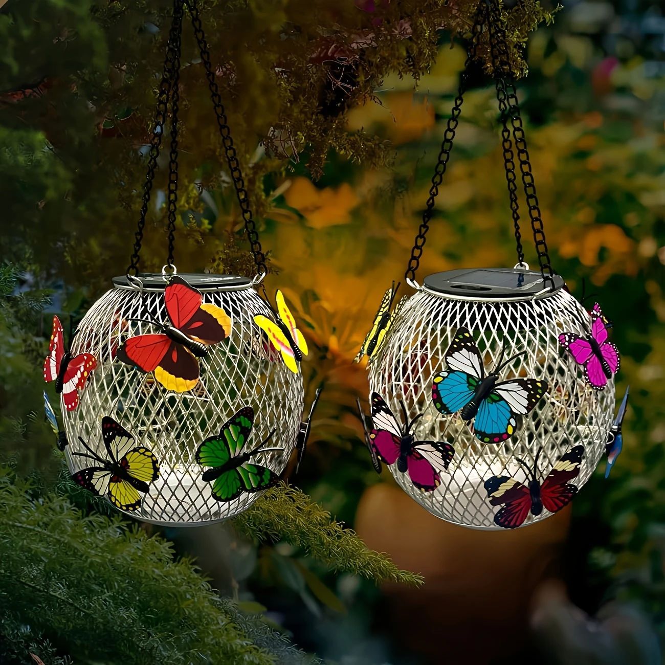 Retro Iron Solar-Powered Hollowed-Out Courtyard Chandelier