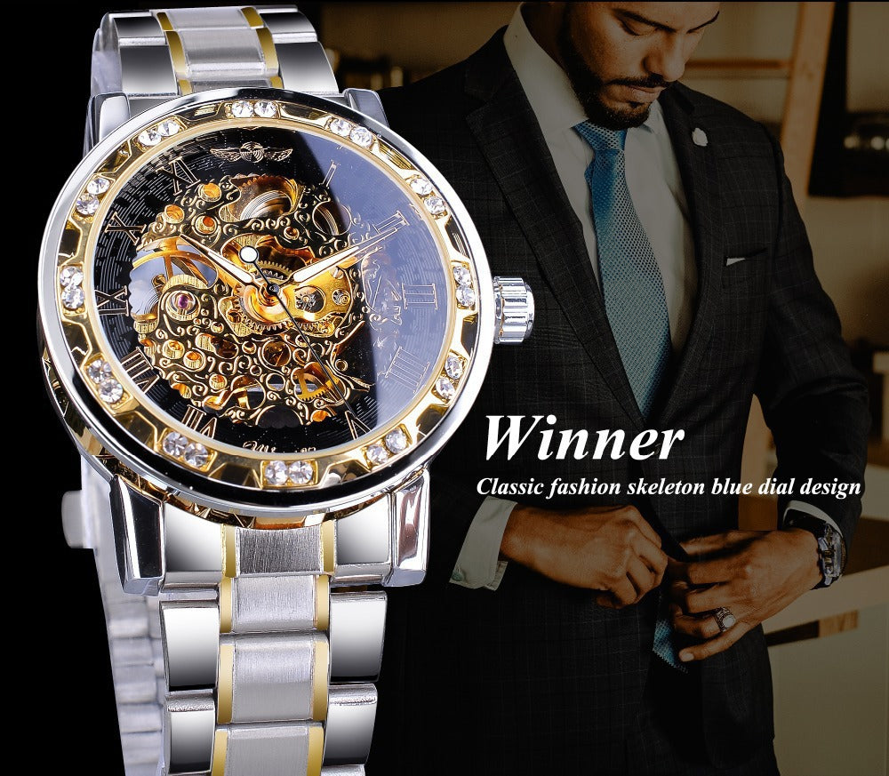 Stylish Casual Skeletonized Rhinestone Men's Mechanical Watch