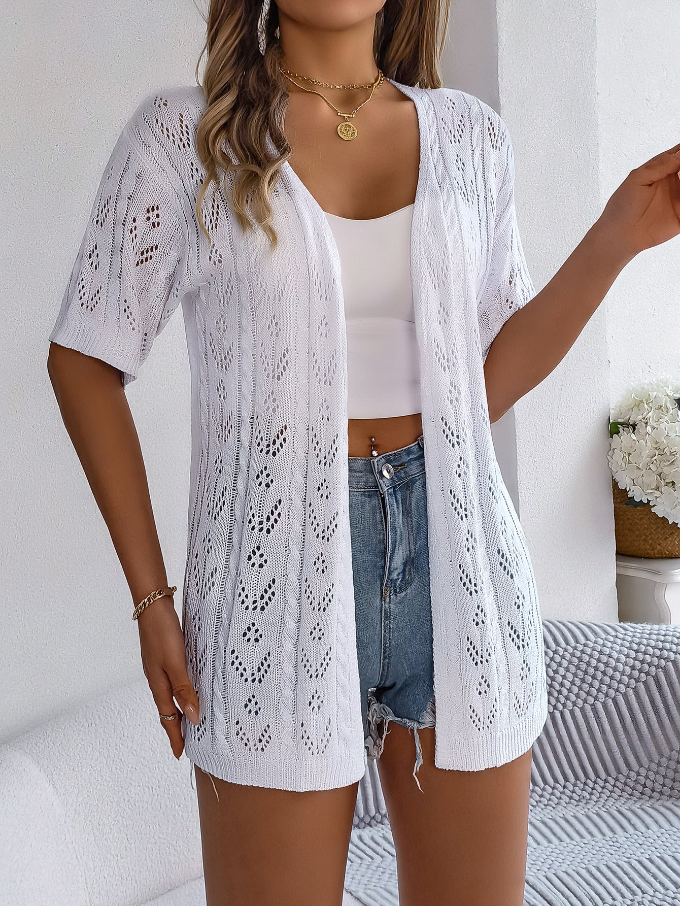 # Hollow-out Short-sleeved Knit Cardigan for Vacation Sun Protection