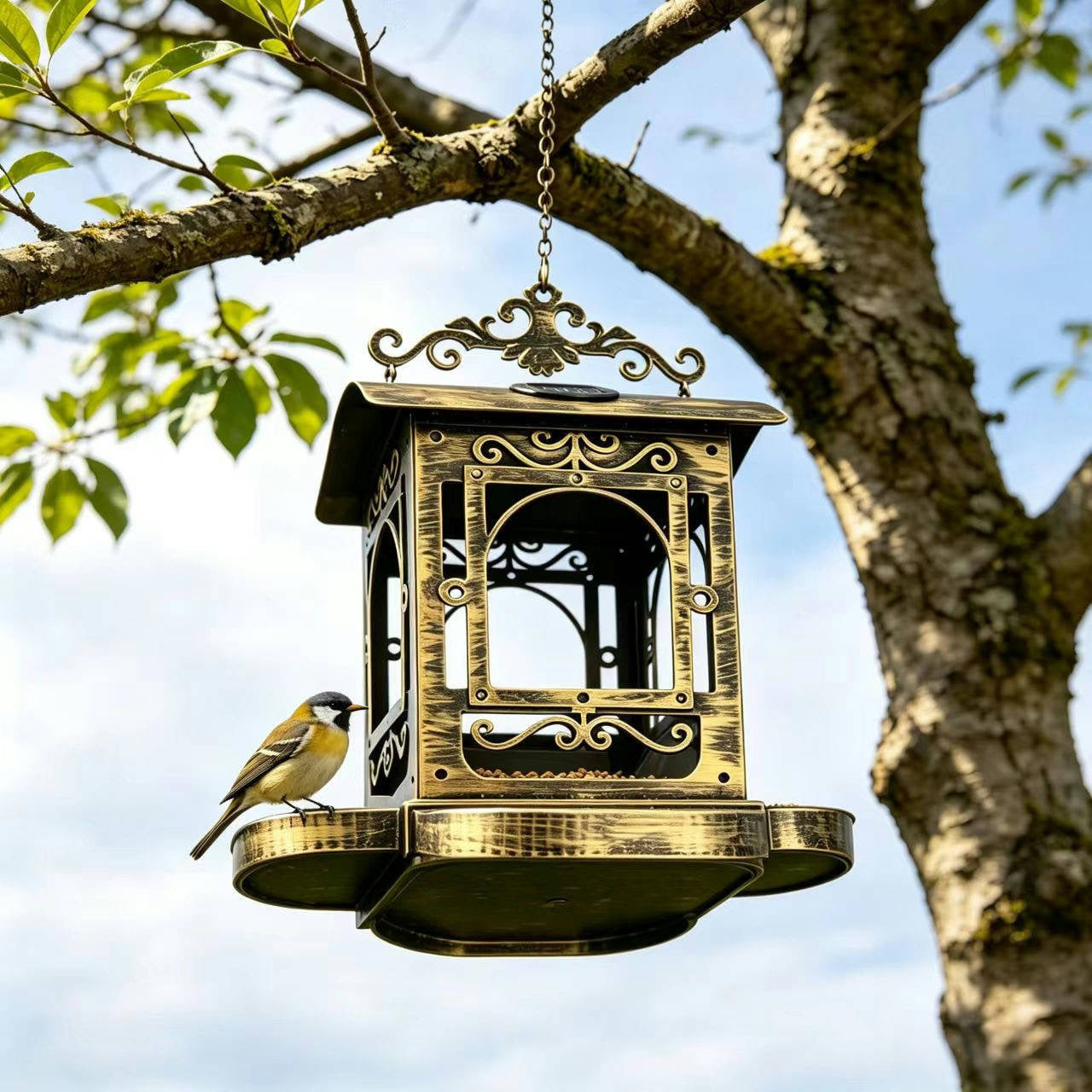 # Retro Iron Solar-Powered Hanging Bird Feeder