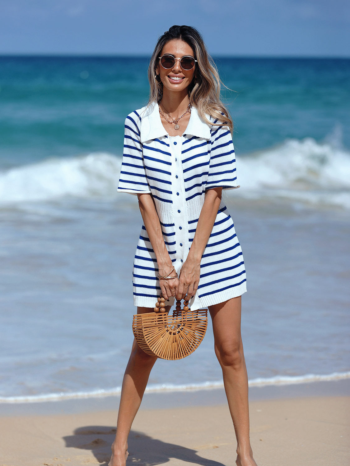 # Blue and White Striped Knit Beach Dress