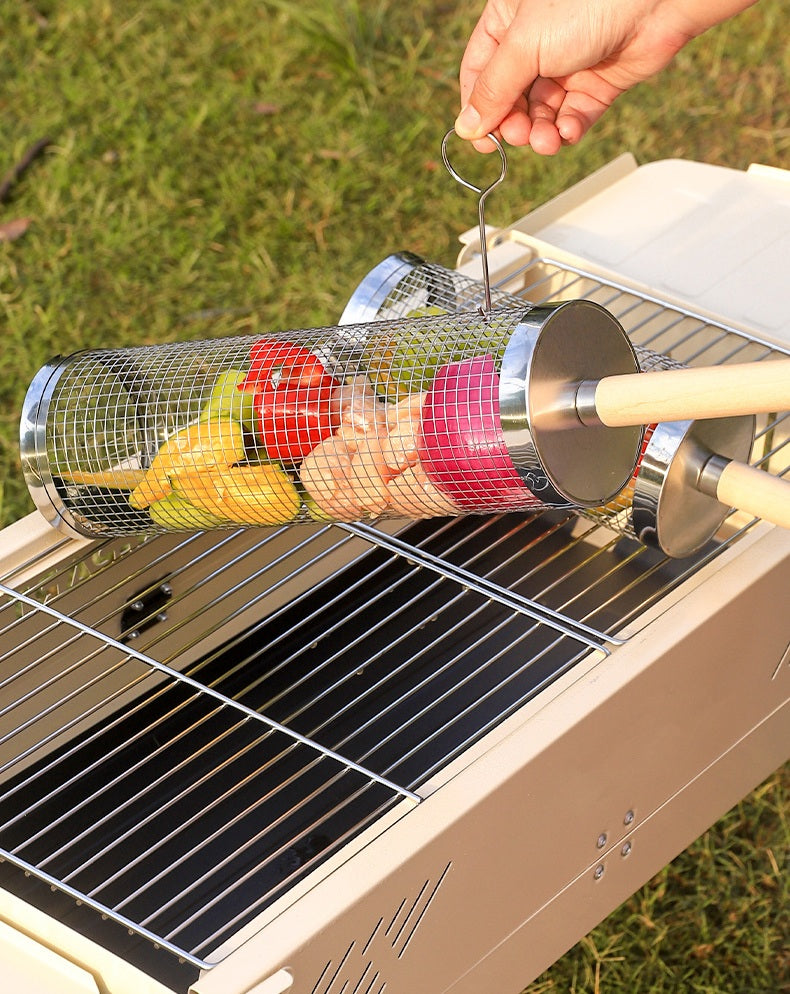 Wooden Handle Round Rolling BBQ Cage