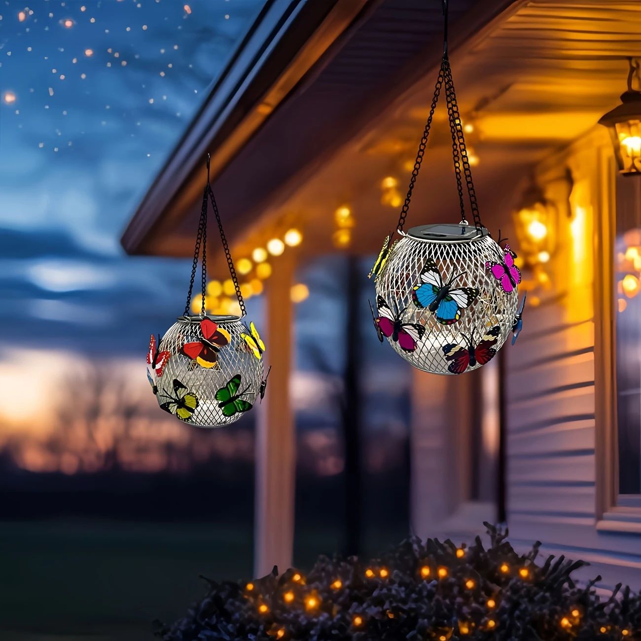 Retro Iron Solar-Powered Hollowed-Out Courtyard Chandelier