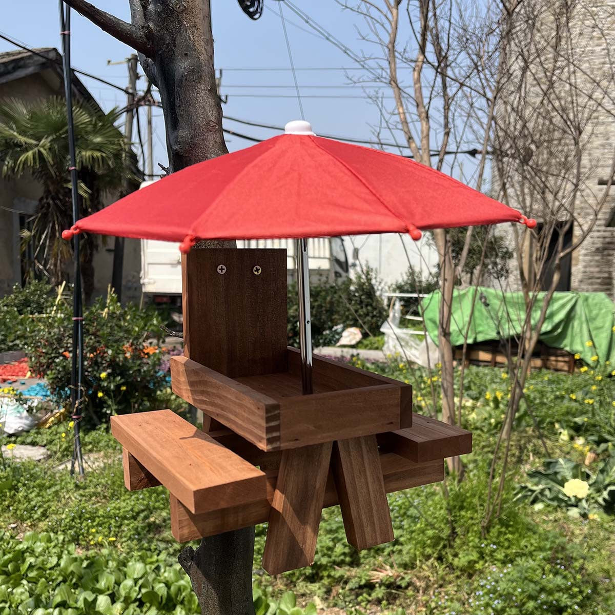# Solid Wood Small Animal Feeding Table with Red Umbrella