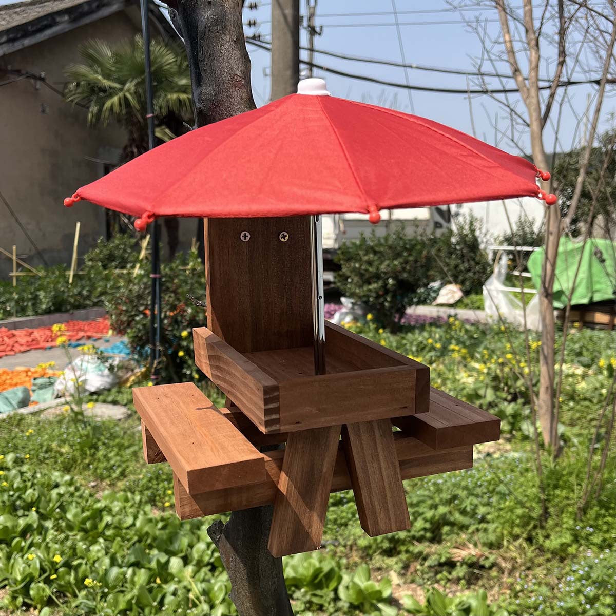 # Solid Wood Small Animal Feeding Table with Red Umbrella