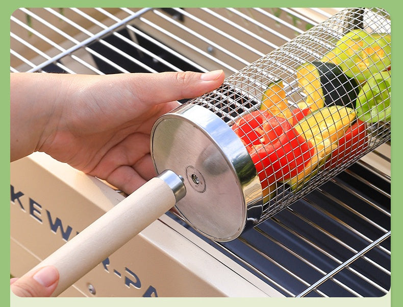 Wooden Handle Round Rolling BBQ Cage
