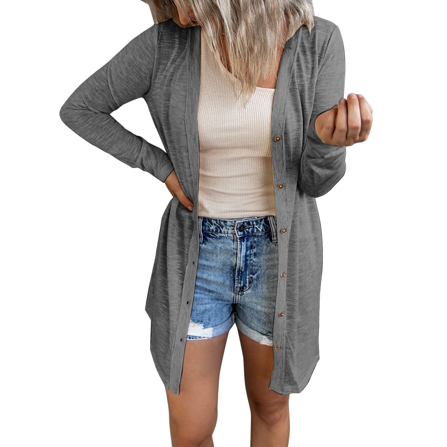 # Women's Solid Color Long-Sleeved Cardigan/Outerwear