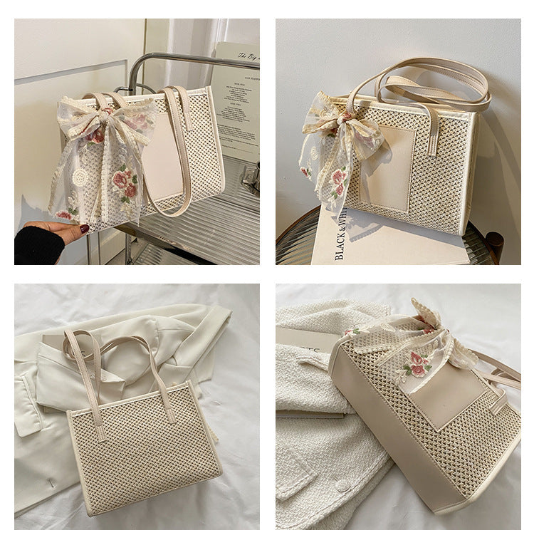 # Stylish Color-Blocked Straw Tote Shoulder Bag