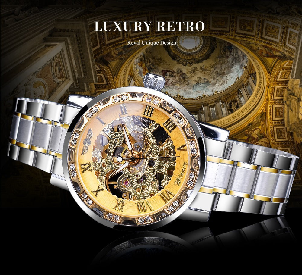 Stylish Casual Skeletonized Rhinestone Men's Mechanical Watch