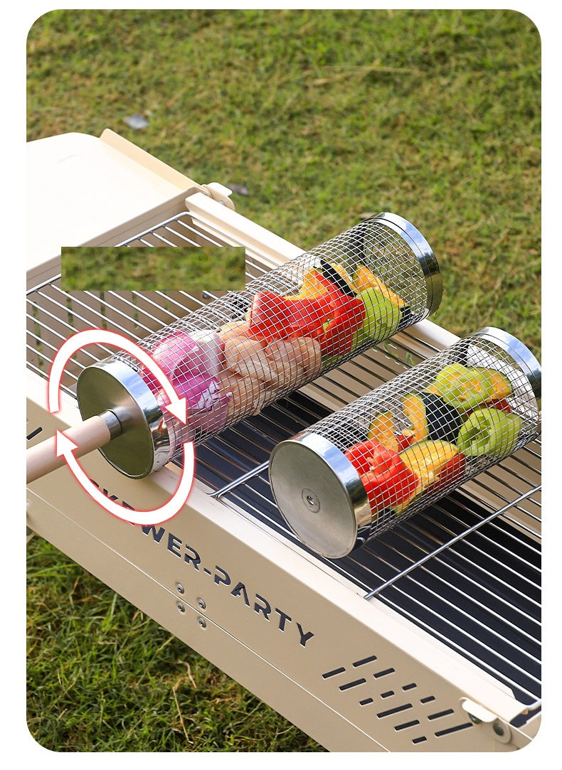 Wooden Handle Round Rolling BBQ Cage