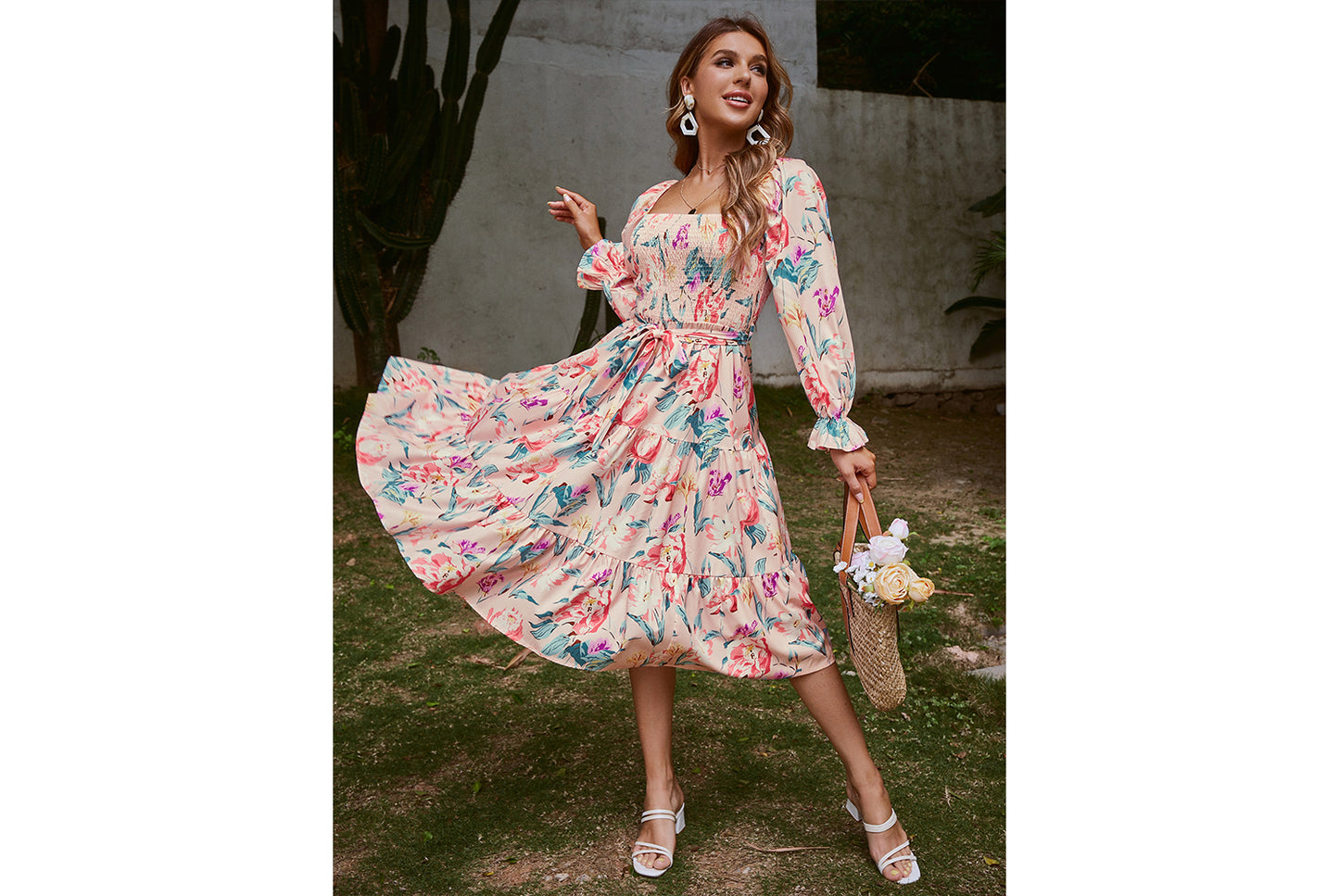 **Flare Long Sleeve High-Waisted Loose-Fit Maxi Dress**