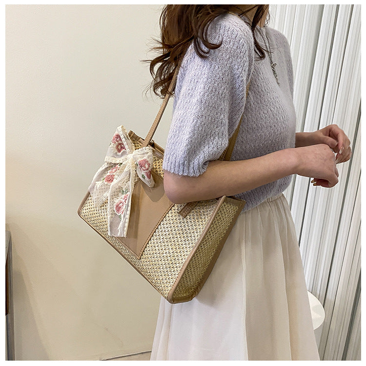 # Stylish Color-Blocked Straw Tote Shoulder Bag