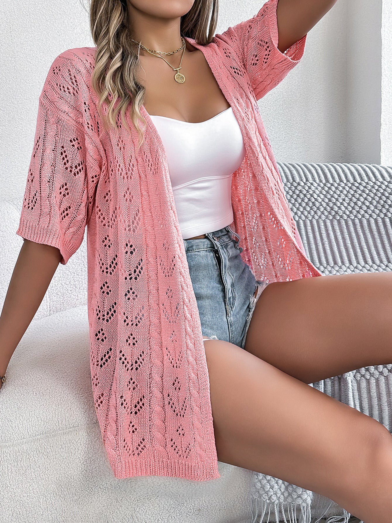 # Hollow-out Short-sleeved Knit Cardigan for Vacation Sun Protection