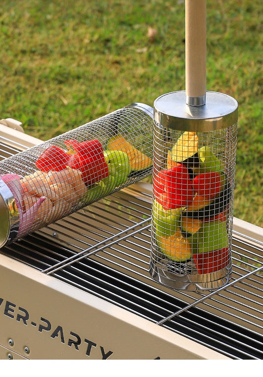 Wooden Handle Round Rolling BBQ Cage