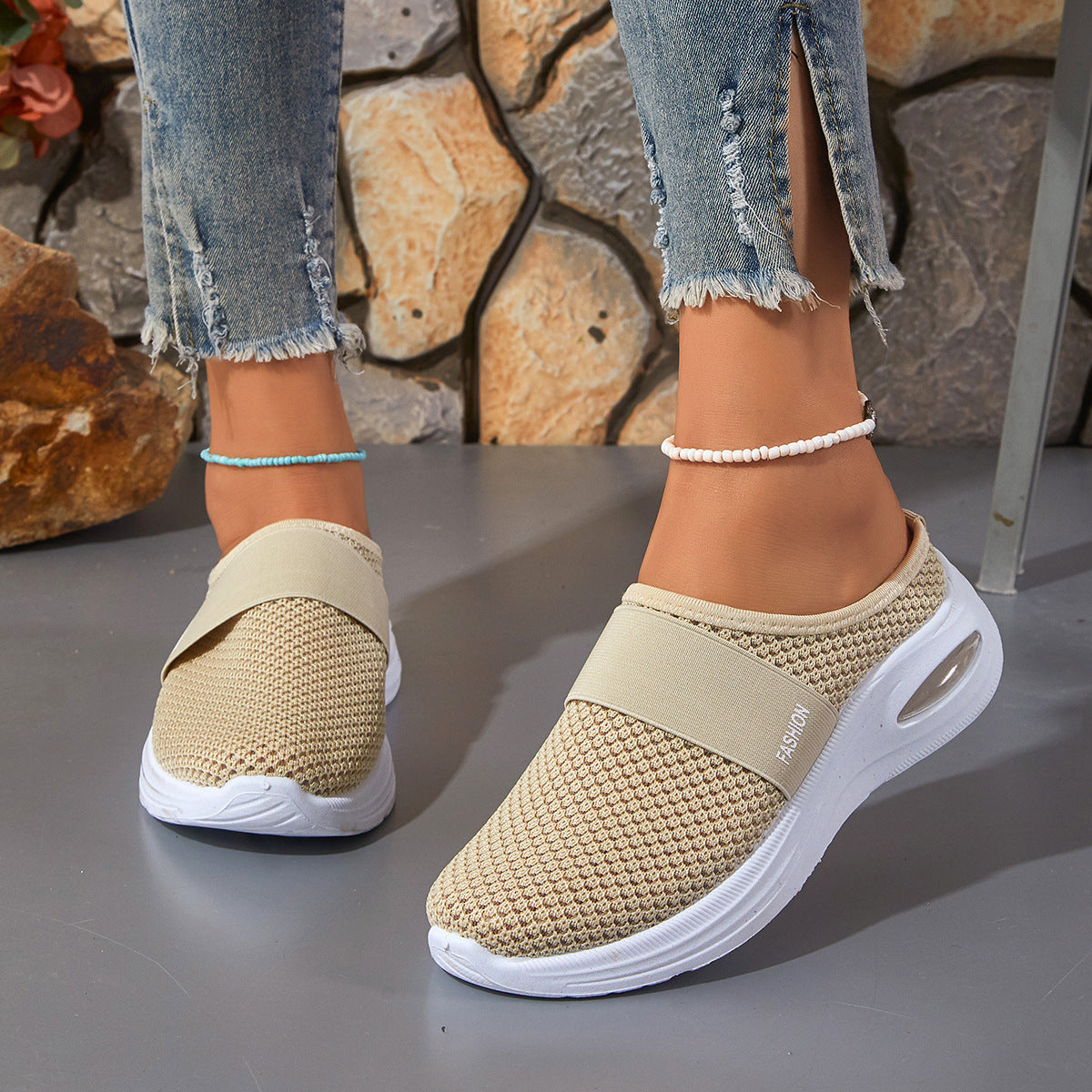 Breathable Mesh Flyknit Women's Shoes, Flat Heel Slip-on Muffins