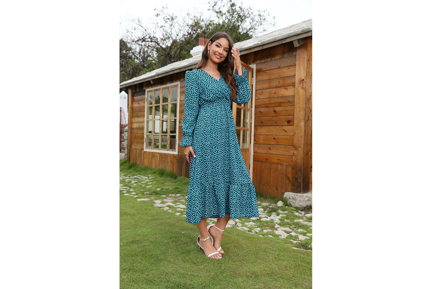**Polka Dot Print Elegant V-Neck Resort Dress**