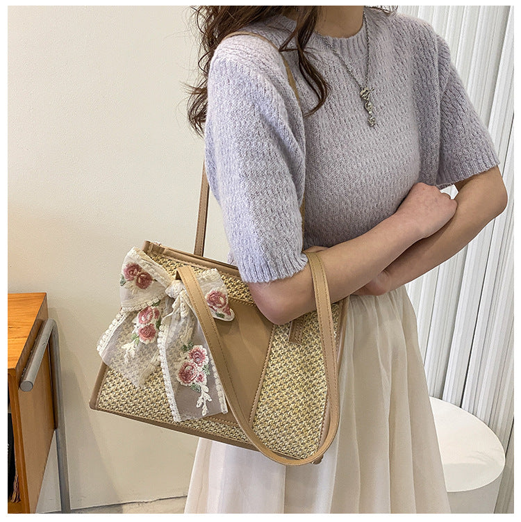 # Stylish Color-Blocked Straw Tote Shoulder Bag