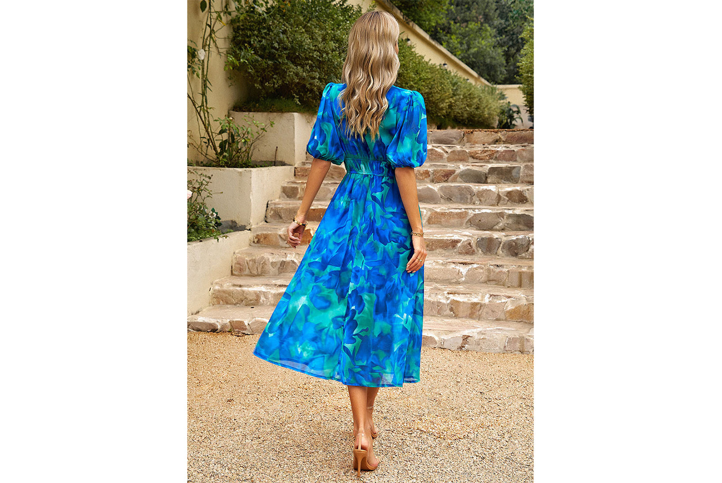 **Elegant Chiffon Printed Dress with a Waist Fit and V-Neck**