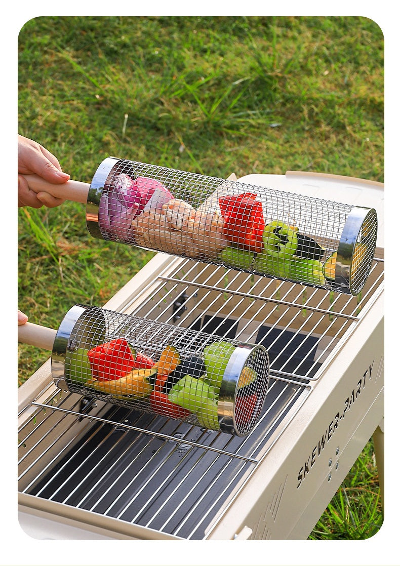 Wooden Handle Round Rolling BBQ Cage