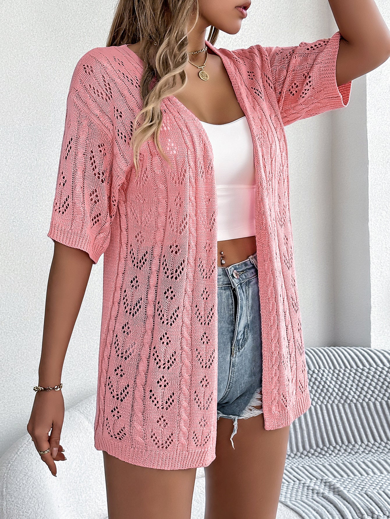 # Hollow-out Short-sleeved Knit Cardigan for Vacation Sun Protection