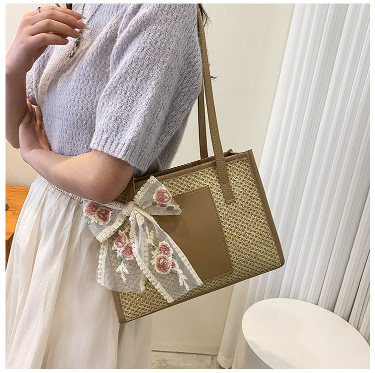 # Stylish Color-Blocked Straw Tote Shoulder Bag