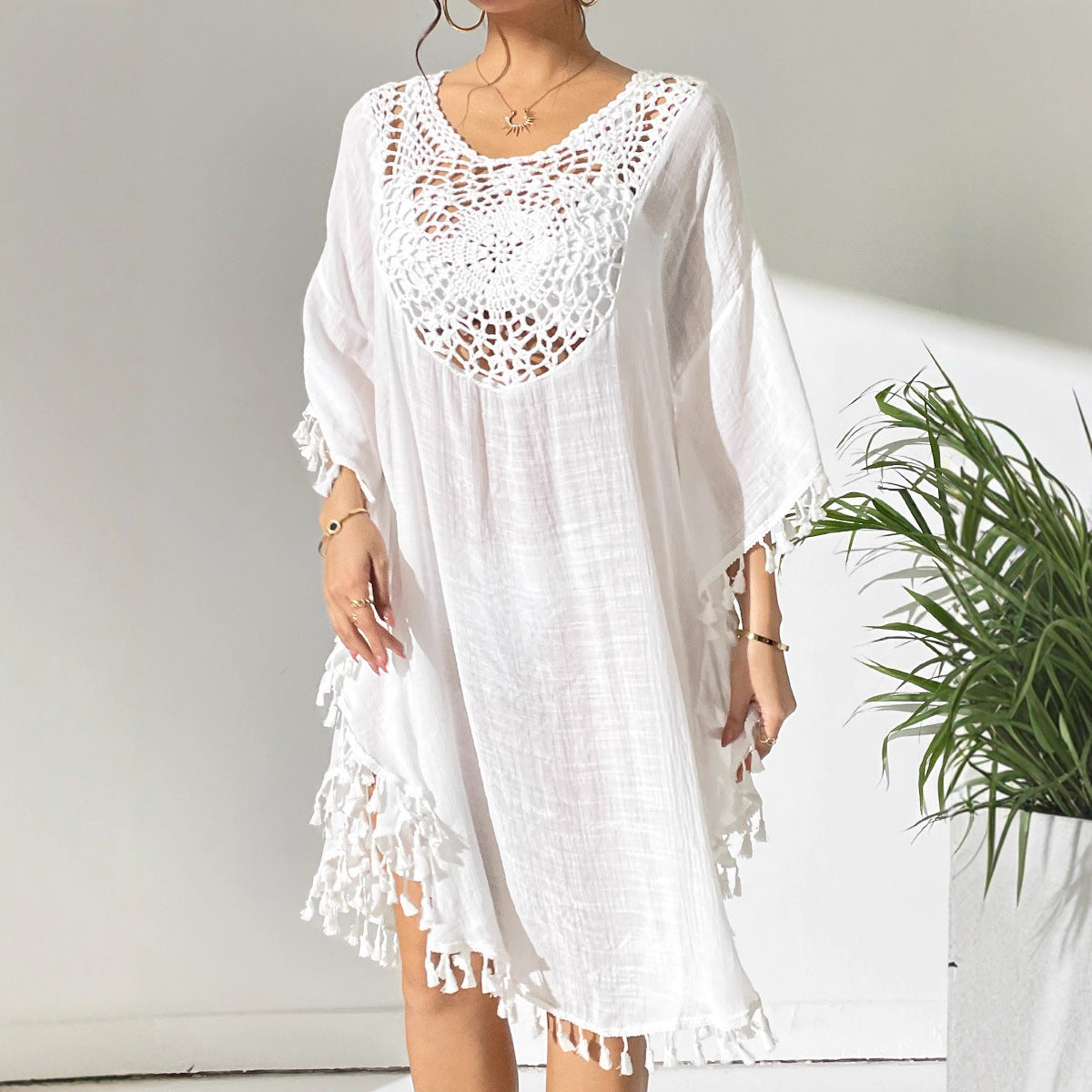 # Crochet-Patterned Tassel Beach Cover-Up