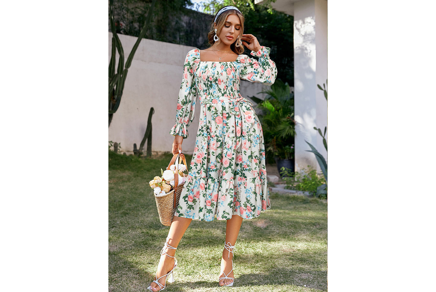 **Flare Long Sleeve High-Waisted Loose-Fit Maxi Dress**