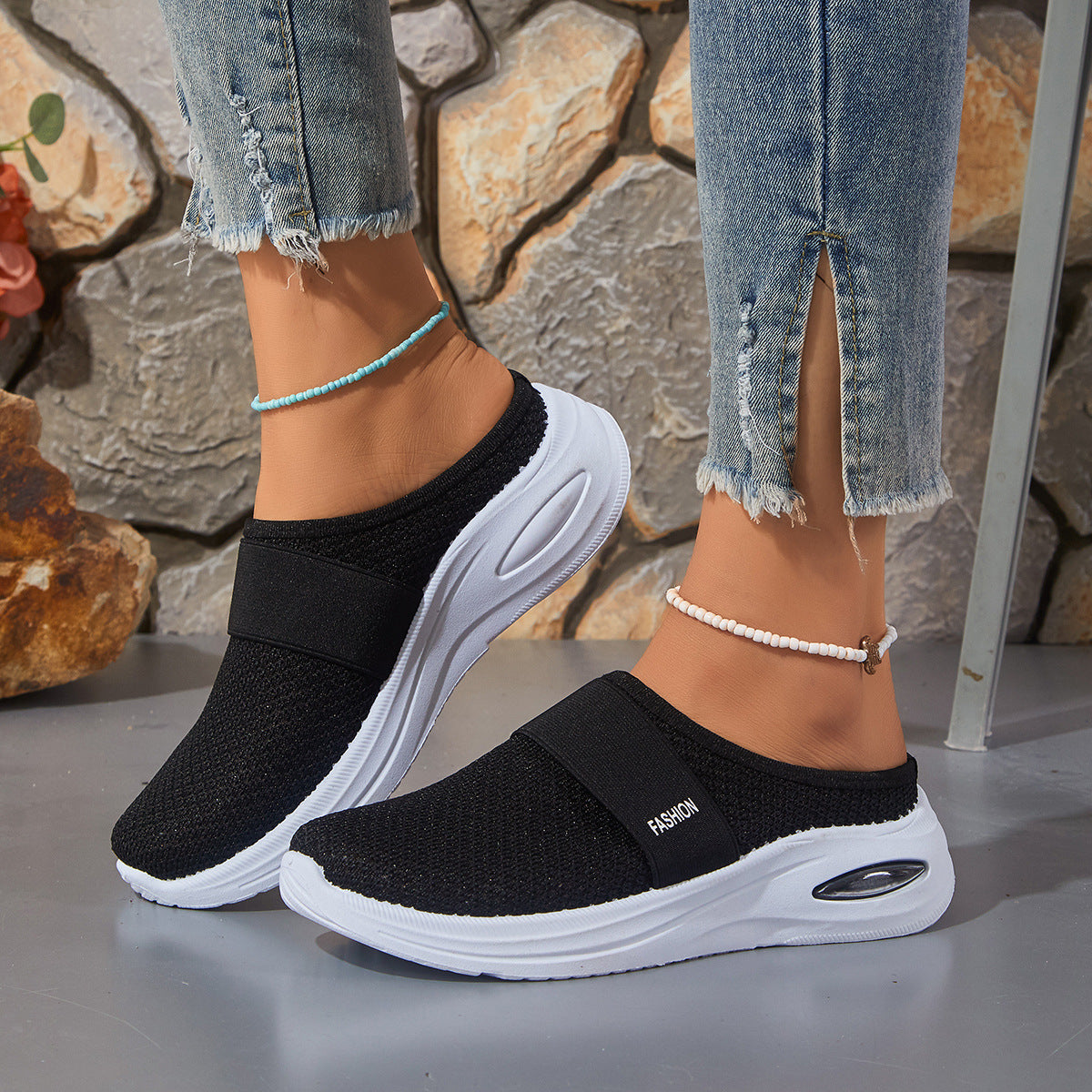 Breathable Mesh Flyknit Women's Shoes, Flat Heel Slip-on Muffins