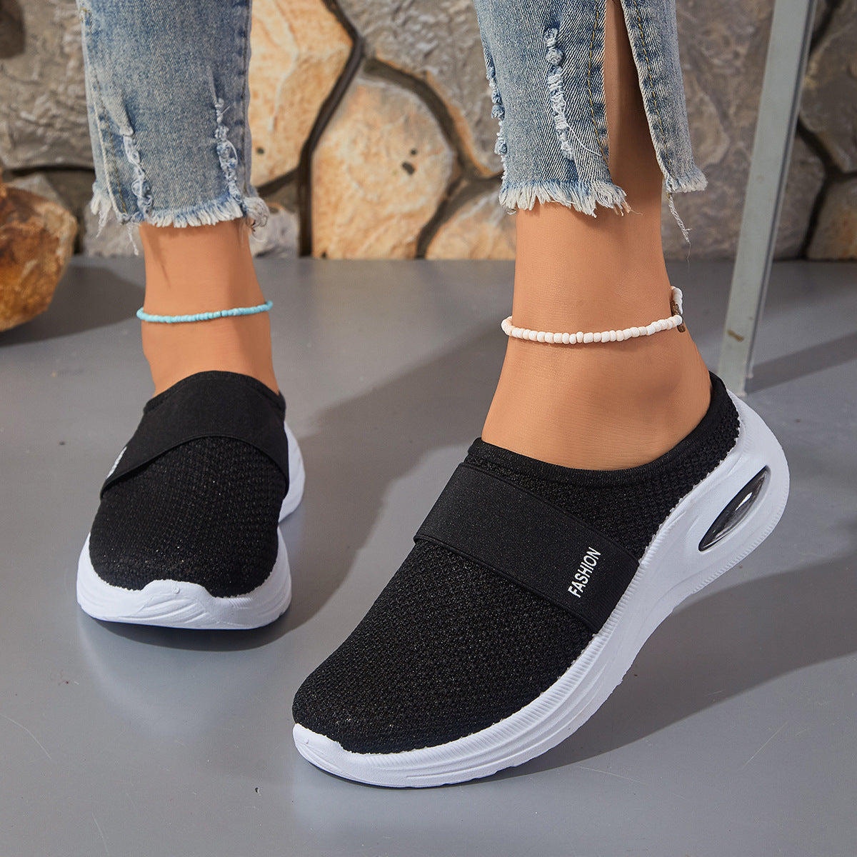 Breathable Mesh Flyknit Women's Shoes, Flat Heel Slip-on Muffins