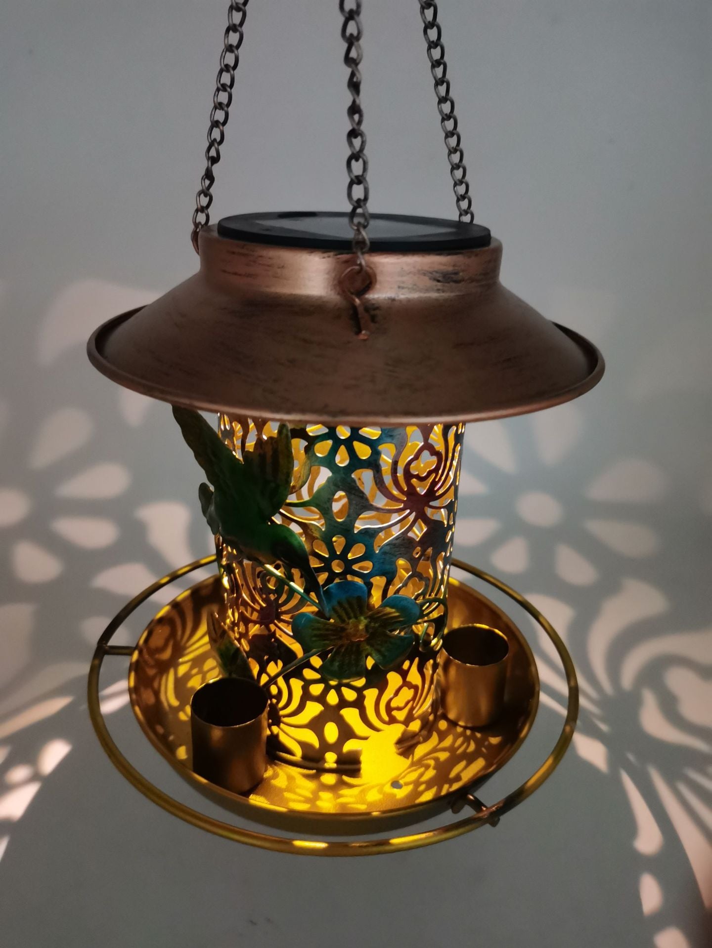 Solar-Powered Wrought Iron Bird Feeder/Pavilion Light