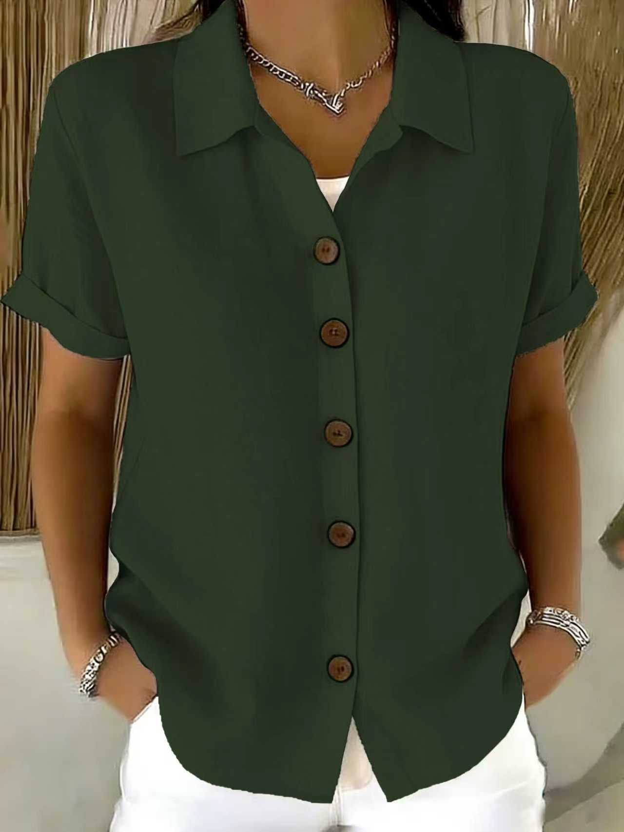 # Button-Up Cotton Linen Women's Casual Short-Sleeve Shirt