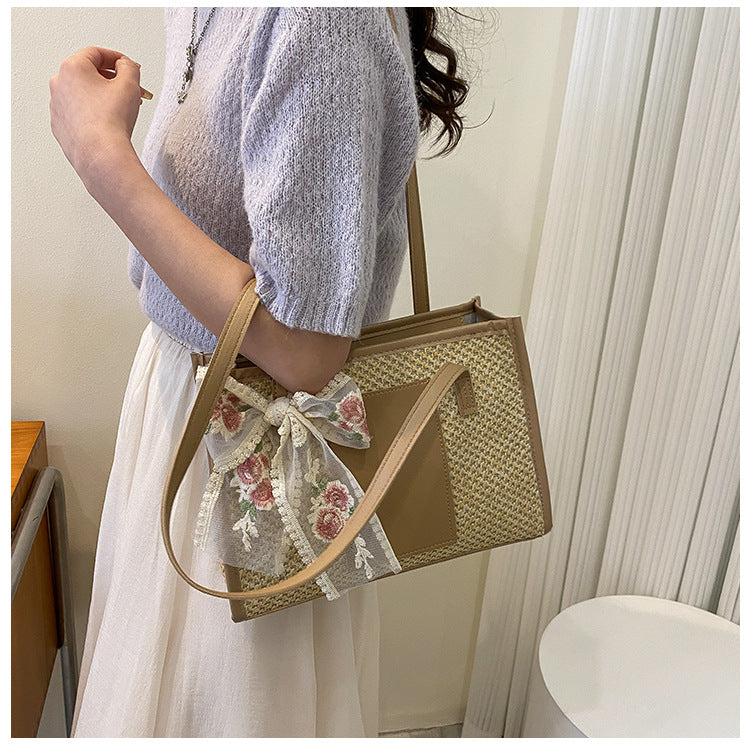# Stylish Color-Blocked Straw Tote Shoulder Bag