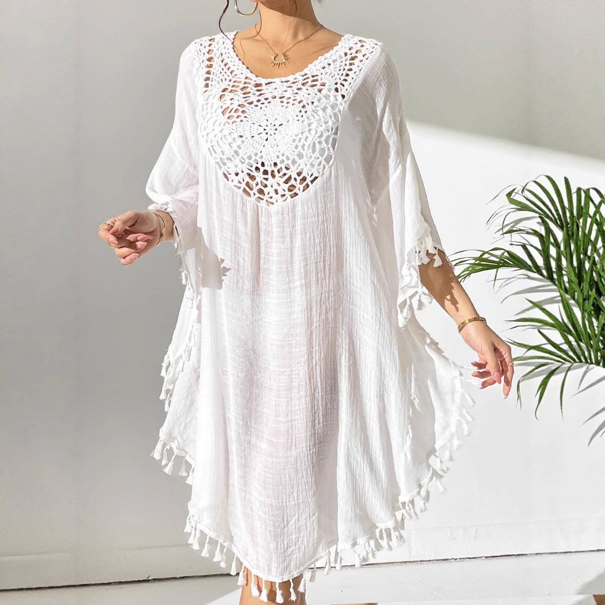 # Crochet-Patterned Tassel Beach Cover-Up