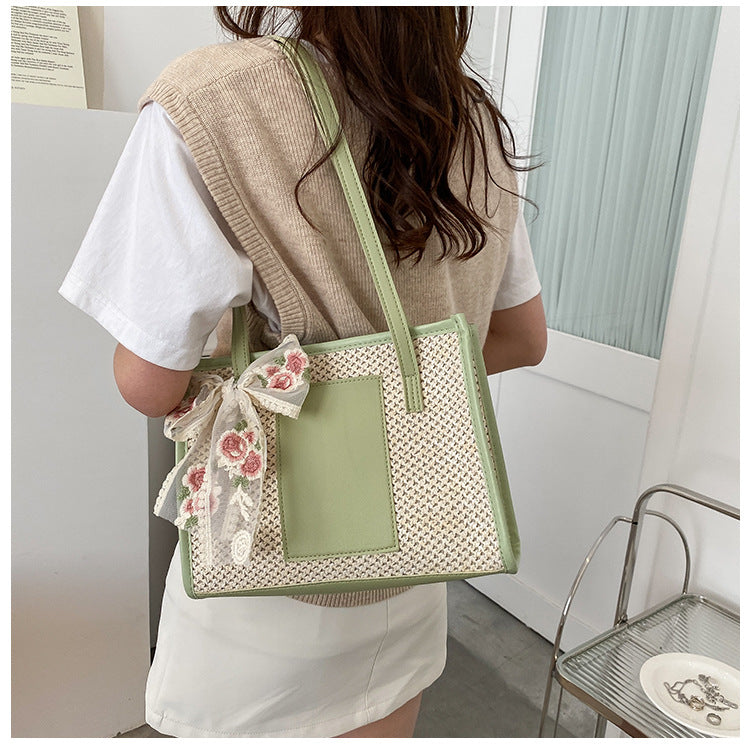 # Stylish Color-Blocked Straw Tote Shoulder Bag