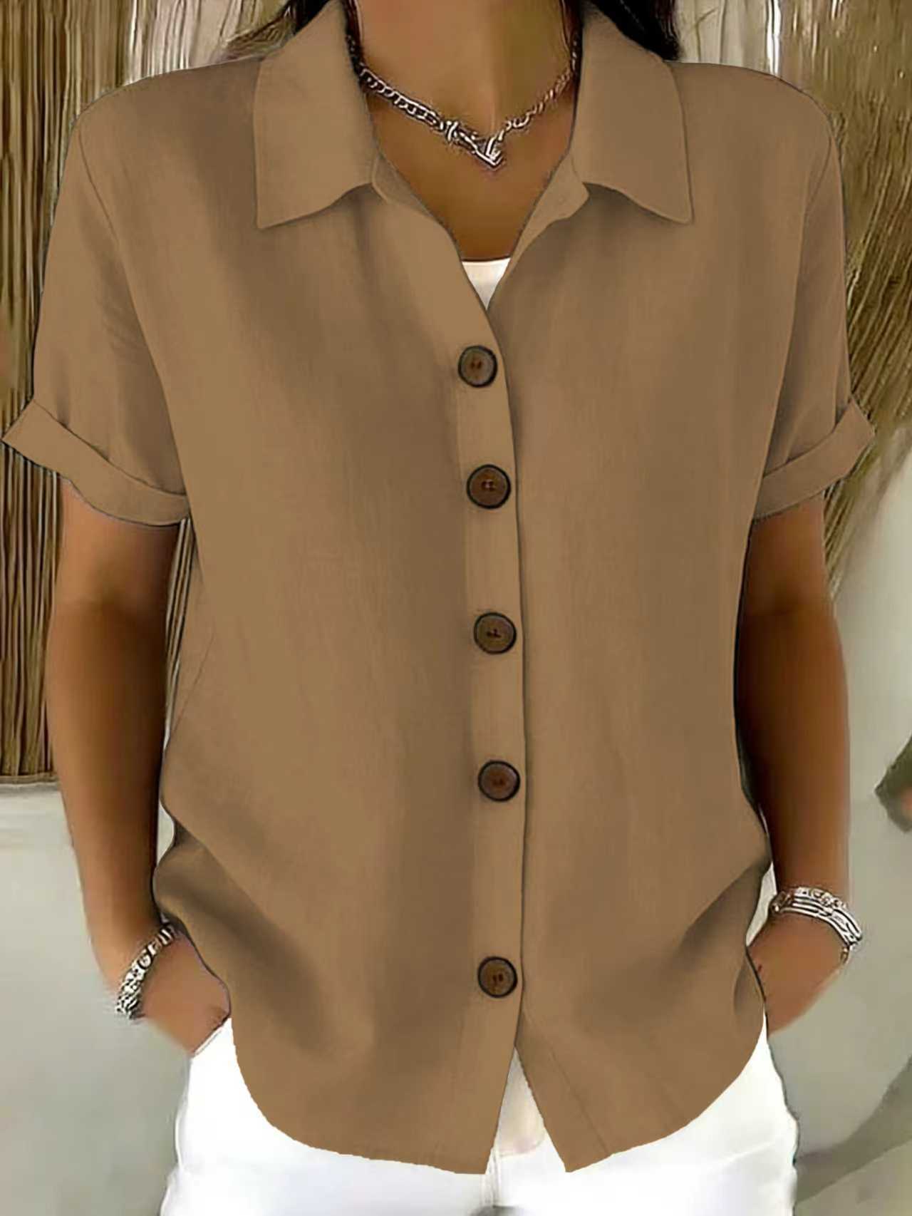 # Button-Up Cotton Linen Women's Casual Short-Sleeve Shirt