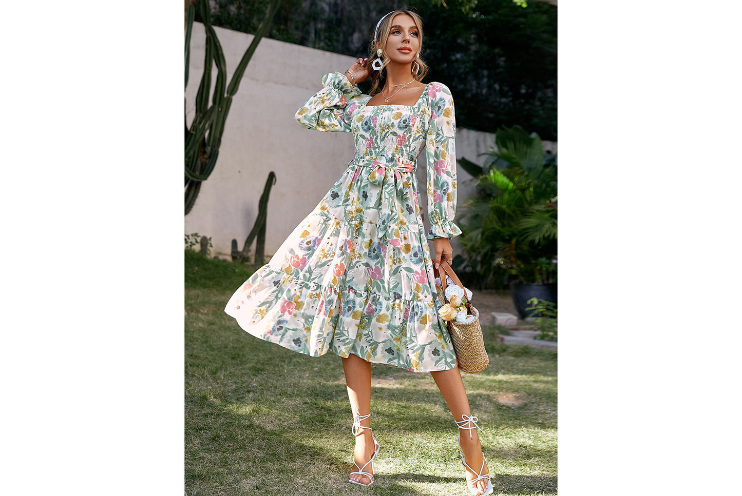 **Flare Long Sleeve High-Waisted Loose-Fit Maxi Dress**